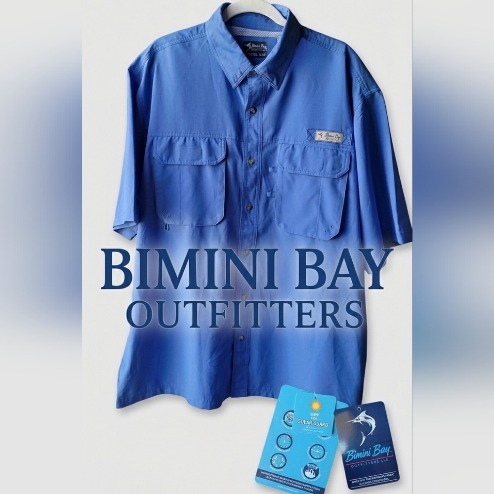 Bimini Bay Outfitters Blue Short Sleeve Fishing Shirt XL Sport Outdoors Collard